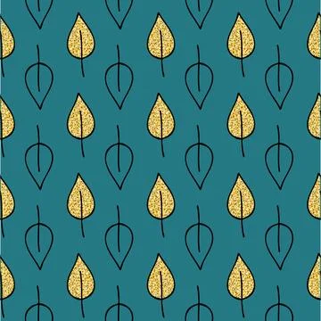 Golden birch leaf on green emerald background, seamless pattern black golden  Stock Illustration