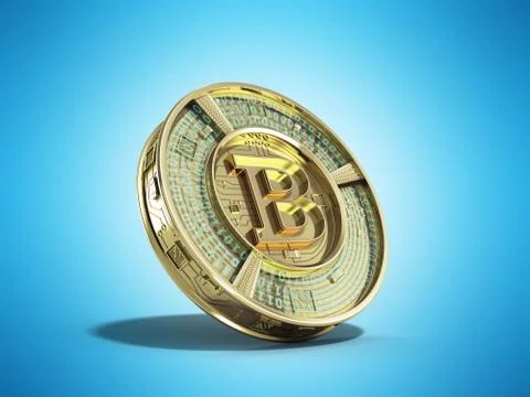 Golden bitcoin 3d render on blue background Stock Illustration