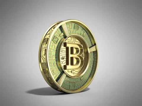 Golden bitcoin 3d render on grey background Stock Illustration