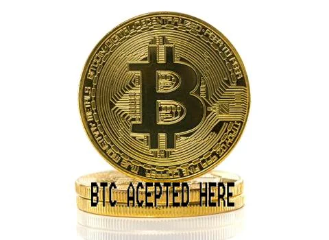 Golden bitcoin accepted here Stock Photos
