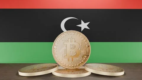 Golden Bitcoin and Libyan Flag Animation: From Close-Up to Wide View Stock Footage 295090445