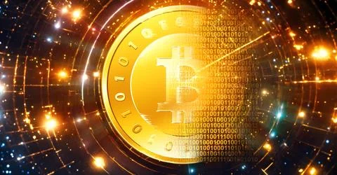 Golden bitcoin on the background of a binary code. Stock Illustration