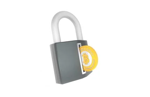 Golden Bitcoin being inserted into coin acceptor on padlock. Ransomware concept Stock Illustration