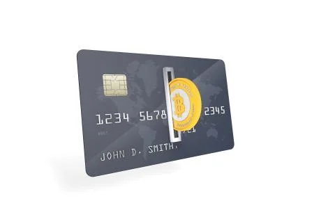 Golden Bitcoin being inserted into coin acceptor on a credit card. Stock Illustration