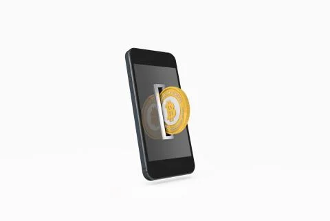 Golden Bitcoin being inserted into coin acceptor on a smartphone. Stock Illustration