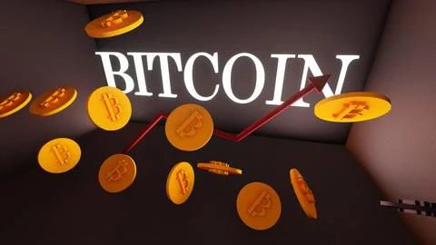 Golden Bitcoin blockchain technology 3d concept with rising graph and glowi.. Ilustración de archivo