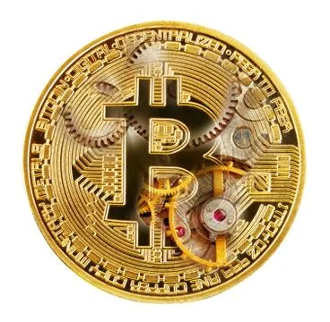 Golden bitcoin with a clockwork Stock Photos