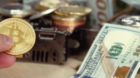 Golden bitcoin coin held by hand near computer hardware and US dollar bankn.. Stockbeeldmateriaal 339751664