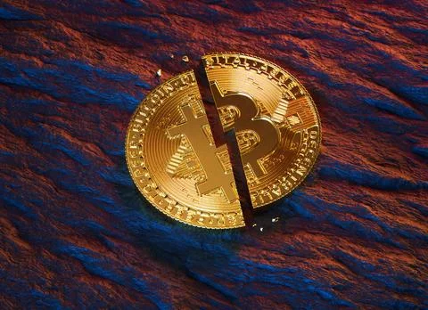 A golden Bitcoin coin split in half, concept of Halving, an event that occu.. Illustrazione stock
