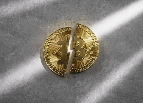 A golden Bitcoin coin split in half on concrete background, concept of Halv.. Illustrazione stock