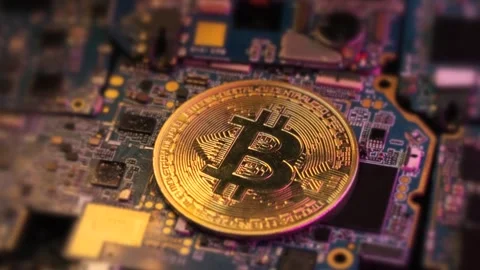 Golden Bitcoin coin on technology background with microcircuits elements Stock Footage 270458014