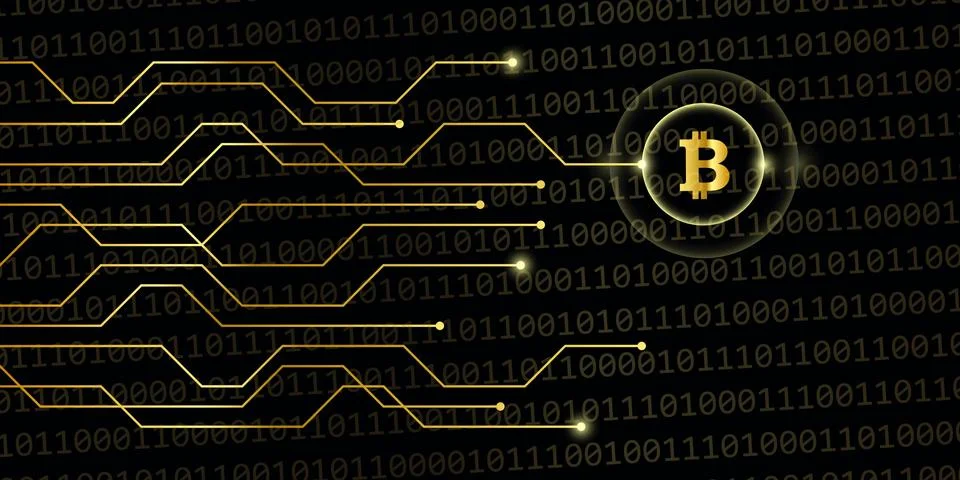 Golden bitcoin crypto currency with binary code background Illustrazione stock