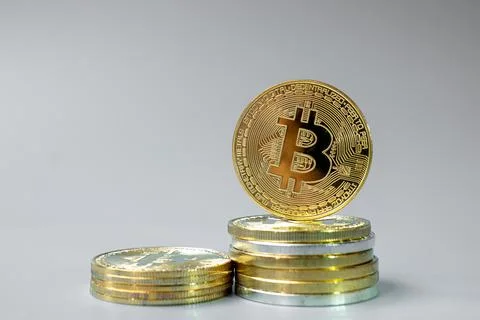 Golden Bitcoin cryptocurrency coin stack, Crypto is Digital Money within the  스톡 사진