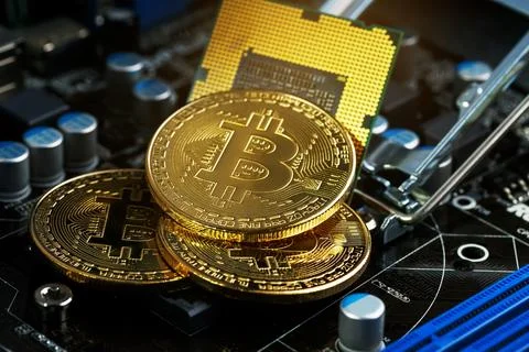 Golden Bitcoin Cryptocurrency on computer circuit board CPU. Macro shot. Stock Photos