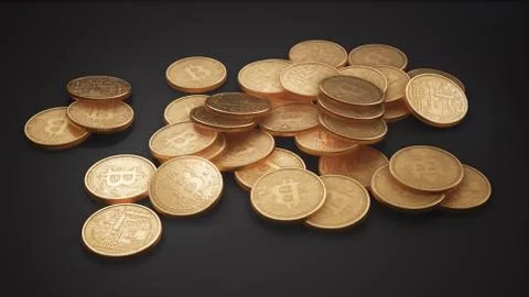 Golden Bitcoin Cryptocurrency Stack on the Ground - 3D Render Foto stock