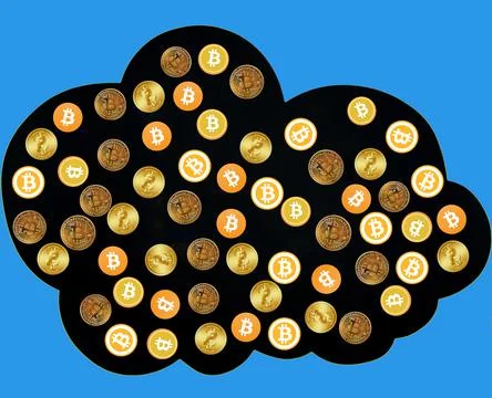 Golden Bitcoin in a digital cloud. Cryptocurrencies and new technological Stock-Fotos