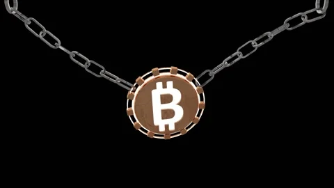 Golden Bitcoin On A Double Chain Falling And Swinging With Luma Matte Stock Footage 133720181