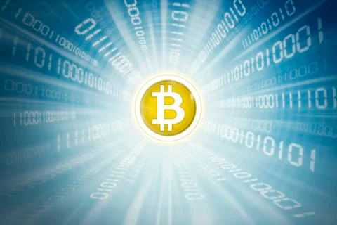 Golden bitcoin inside binary code 스톡 사진