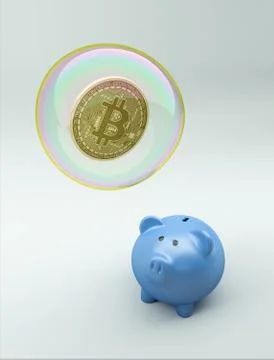Golden bitcoin inside soap bubble ball surrounded by piggy bank concept Stock Photos