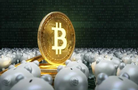 Golden bitcoin inside soap bubble ball surrounded by piggy bank concept Stock Photos