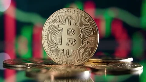 Golden bitcoin isolated on background with crypto chart with green and red Stock Footage 237000051