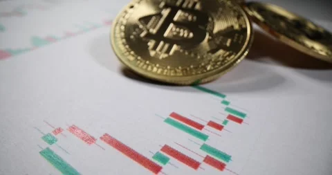 Golden bitcoin models stack on infographic chart in office Stock Footage 269115774