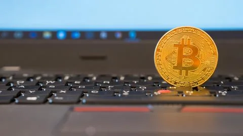 Golden bitcoin on notebook pc 库存照片