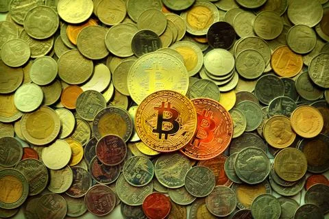 Golden bitcoin over a stack on thai coins, Litecoin cryptocurrency, dream for Stock Photos
