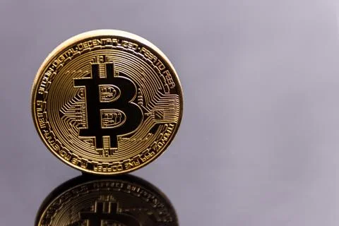 Golden bitcoin with reflection on a silver background. Stock Photos