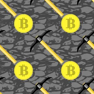 Golden Bitcoin Seamless Pattern. Crypto Currency Mining Texture with Coins and Stock Illustration