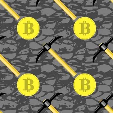 Golden Bitcoin Seamless Pattern. Crypto Currency Mining Texture with Coins and Stock Illustration