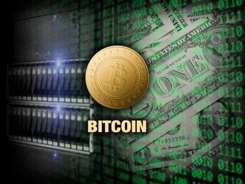 Golden bitcoin on server, dollars and digital two bit code background	 Stock Photos