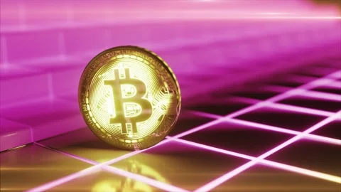 Golden bitcoin spinning on a reflective surface with glowing pink and yellow Stock Footage 334043695