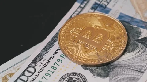 Golden Bitcoin on Stack of Dollars Stock Footage 303833701