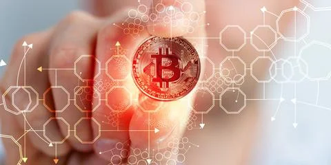 Golden bitcoin standing, cryptocurrency concept. Stock Photos