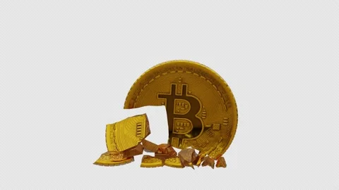 Golden bitcoin token fall and crack on ground with alpha channel Stock Footage 237156387