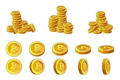 Golden Bitcoins coins stack and animation set. Finance success cryptocurren.. Stock Illustration