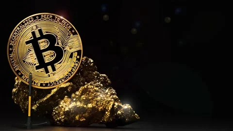 Golden Bitcoins Cryptocurrency mining ,  light reflections Stock Footage 168078136