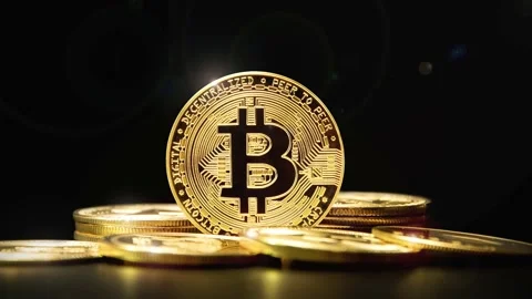 Golden Bitcoins Cryptocurrency (new virtual money on internet) light reflections Stock Footage 168077869