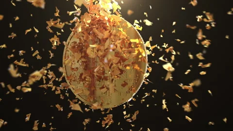 Golden Bitcoins Exploding Disintegration Effect on black background. Stock Footage 158540942