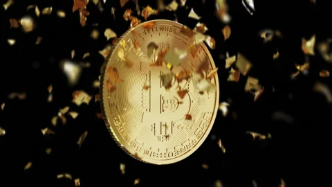 Golden Bitcoins Exploding Disintegration Effect Glare on black background. Stock Footage 158544954