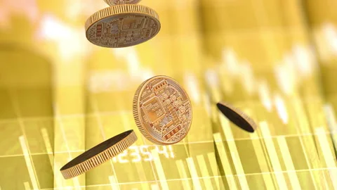 Golden Bitcoins falling on graph backgound Stock Footage 151951397