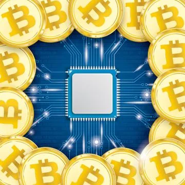 Golden Bitcoins Microchip Processor Lights Stock Illustration