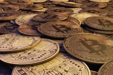 Golden Bitcoins. New virtual money. 3d rendering. Stock Illustration