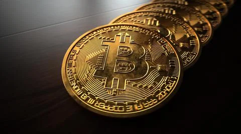 Golden bitcoins on the table Stock Illustration