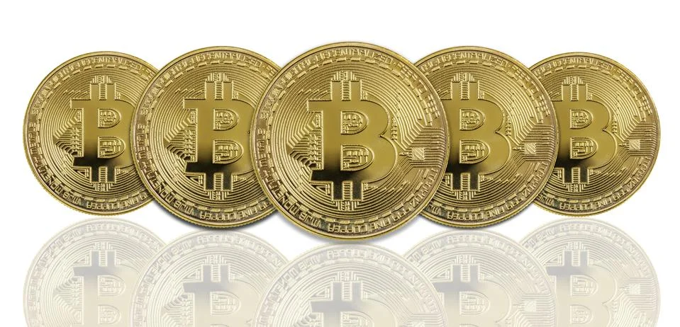 Golden bitcoins on white background Stock-Fotos