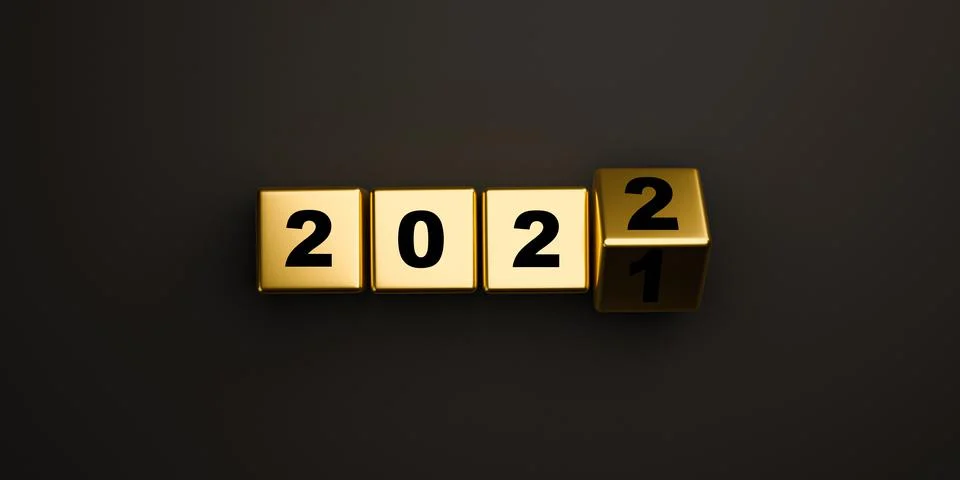 Golden block cube flipping between 2021 to 2022 with dark background Stock Illustration