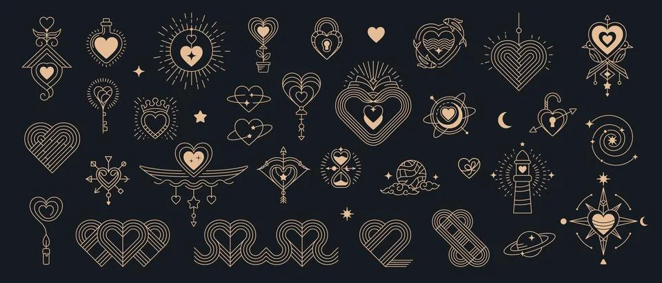 Golden boho Valentine esoteric elements and icons Stock Illustration
