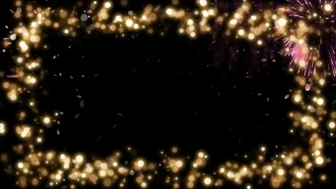 Golden bokeh particles floating around a rectangular border frame against a Stock Footage 345333519