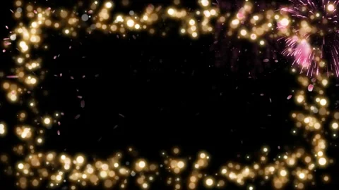 Golden bokeh particles frame background with floating pink petals and fireworks Stock Footage 345333123